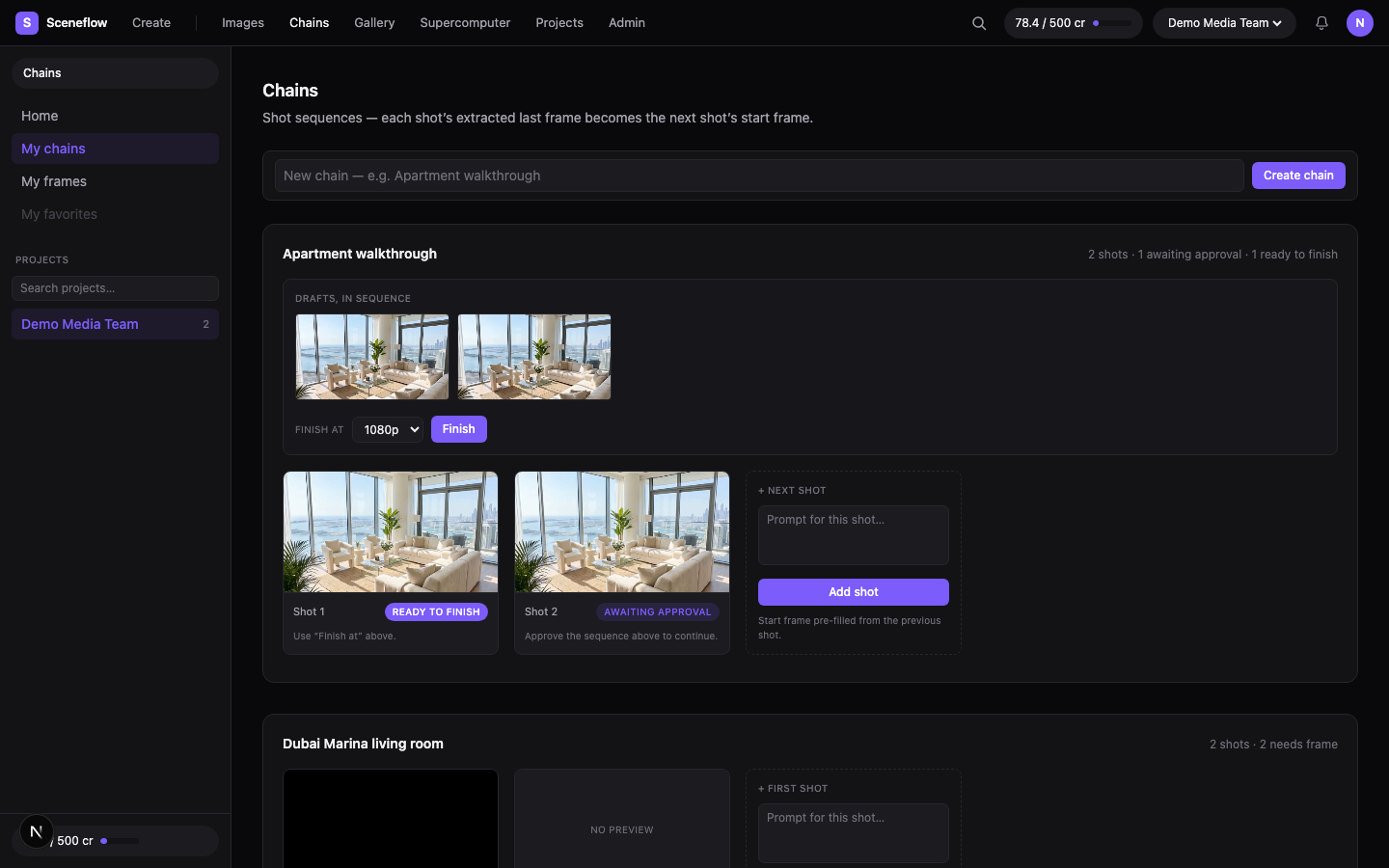 Chains screen with shots in sequence and their approval state
