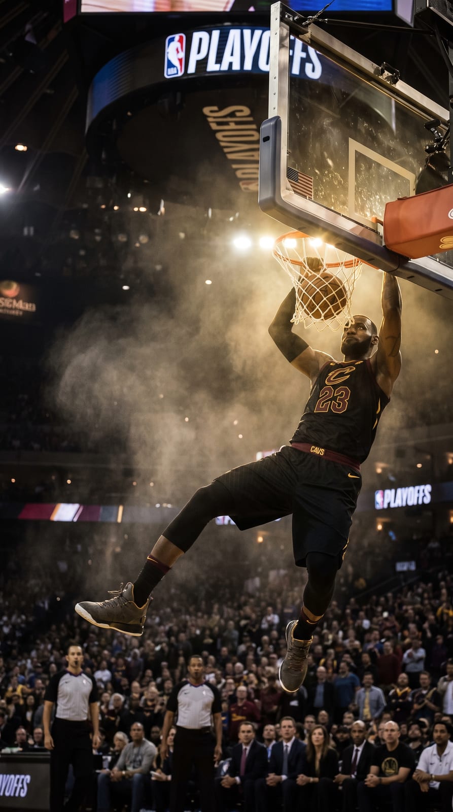 Basketball player mid-air in an arena