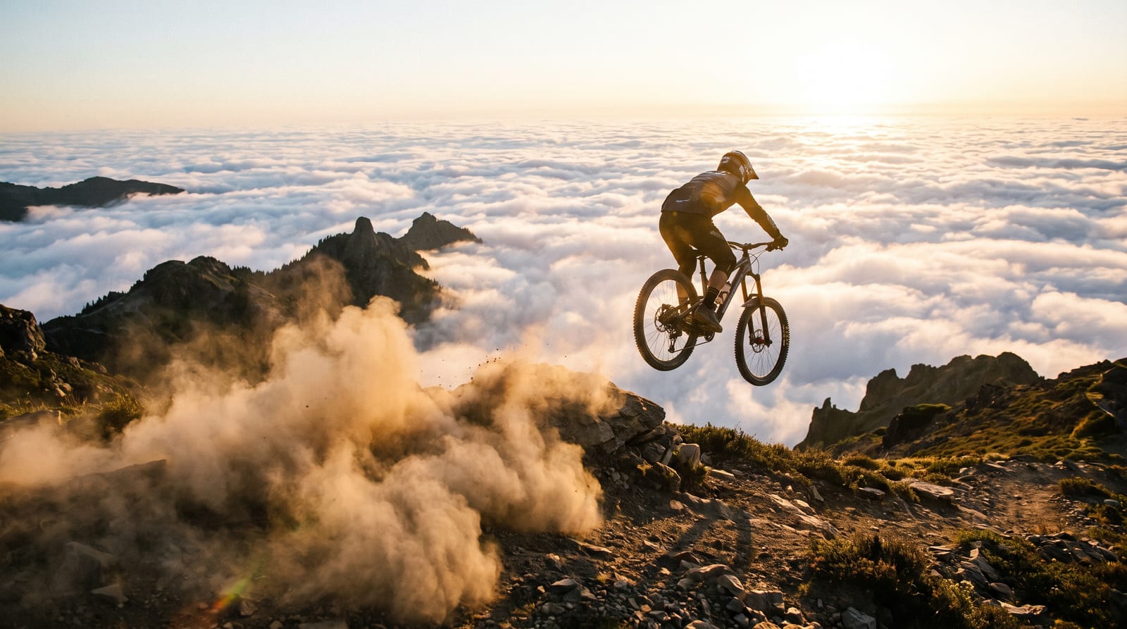 Mountain biker on a ridge above the clouds at sunset