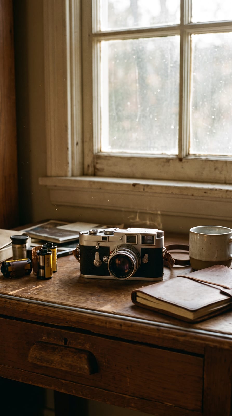 Vintage film camera on a wooden desk in afternoon light