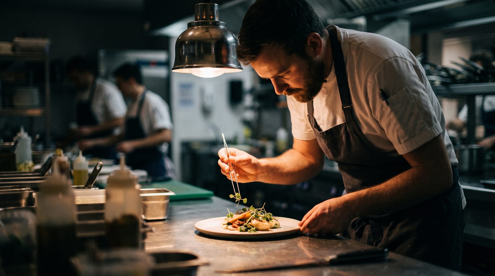 Chef plating a dish in a dark professional kitchen