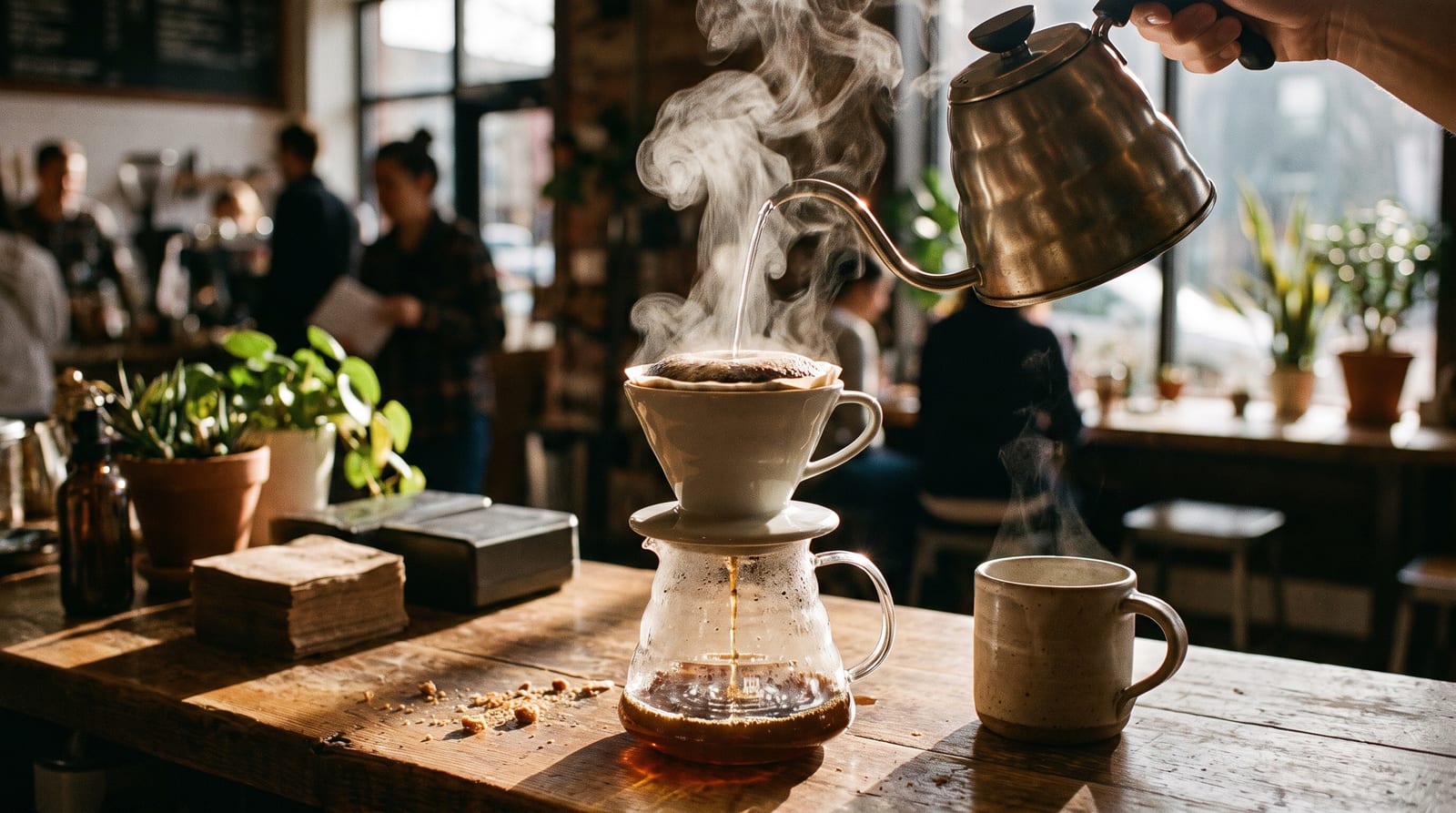 Pour-over coffee on a wooden counter with steam in window light