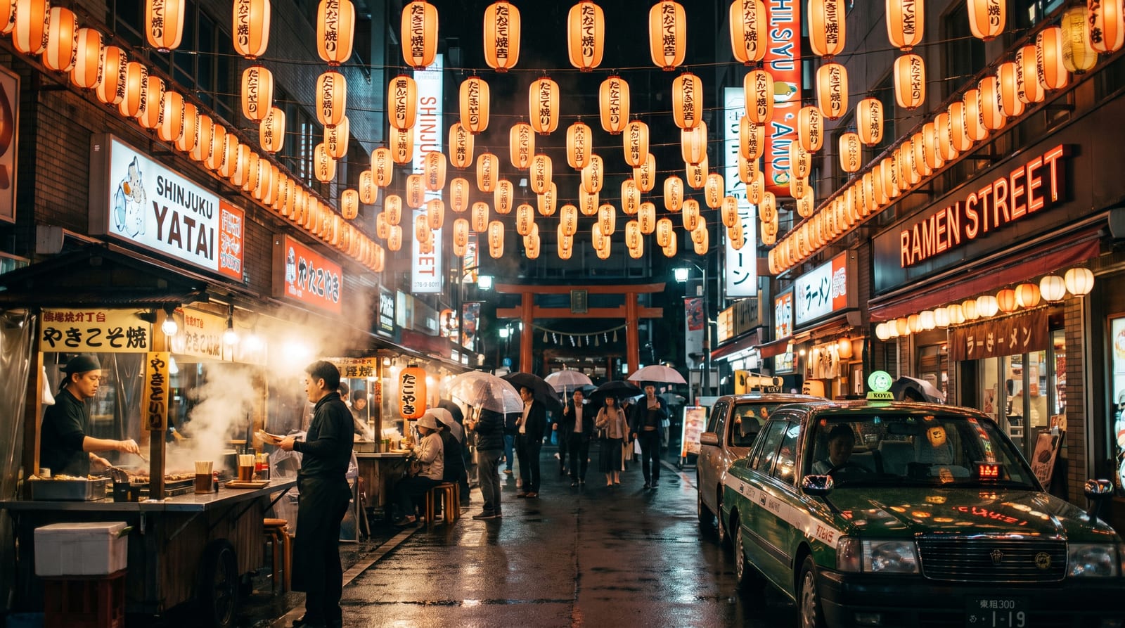 Night street market with lanterns and steam