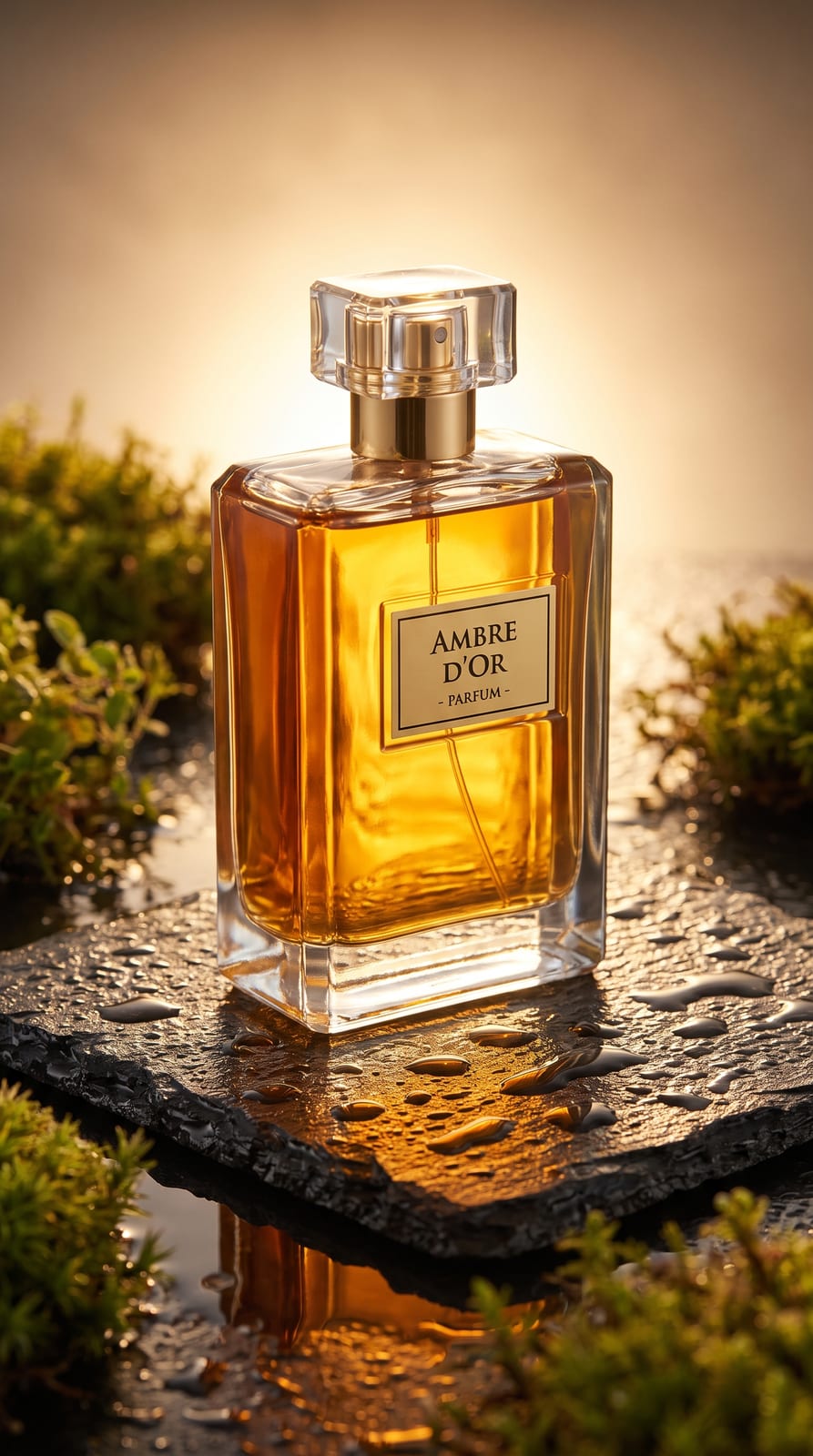 Perfume bottle on wet black stone, backlit