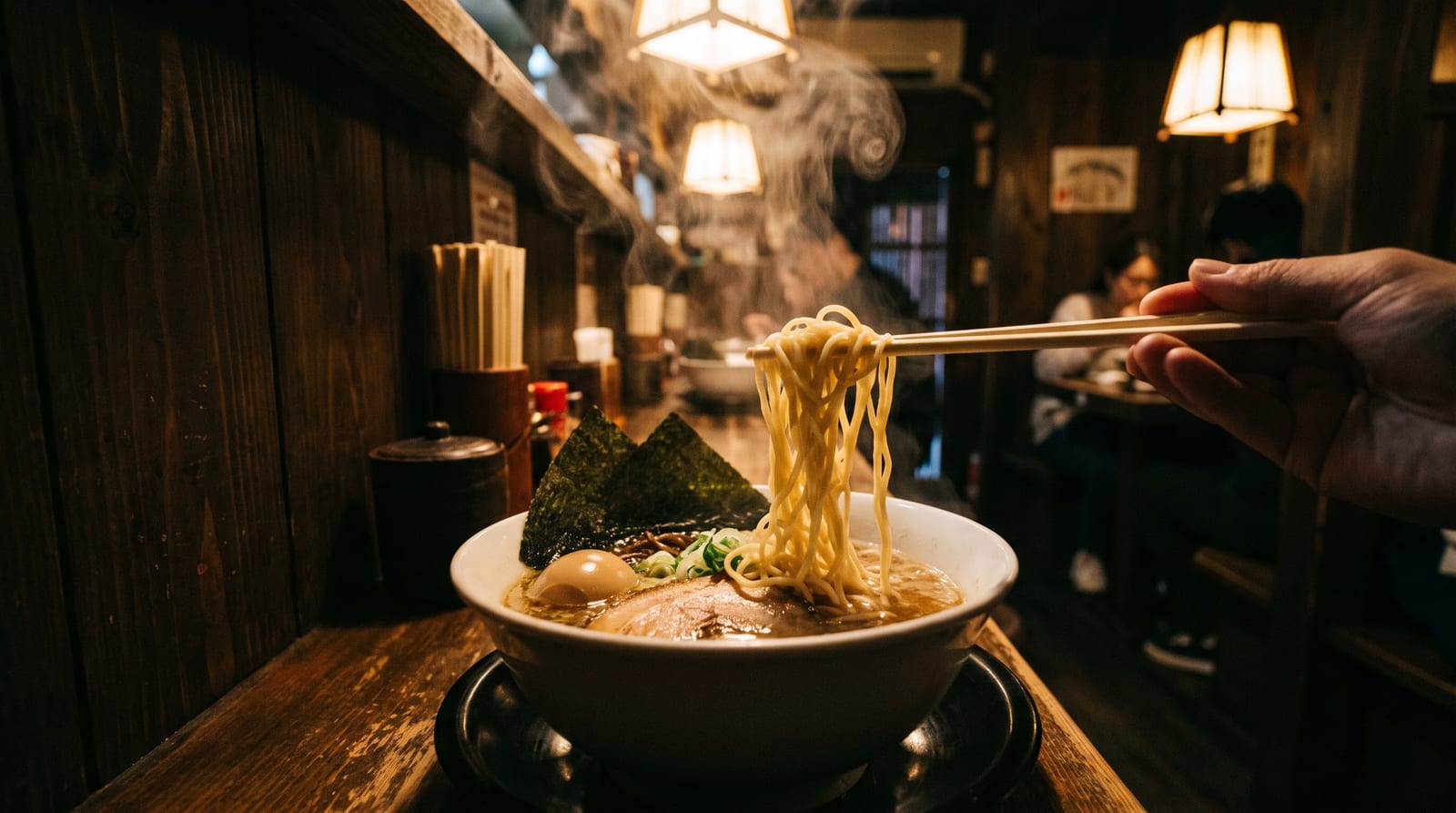 Bowl of ramen with rising steam in a dark restaurant