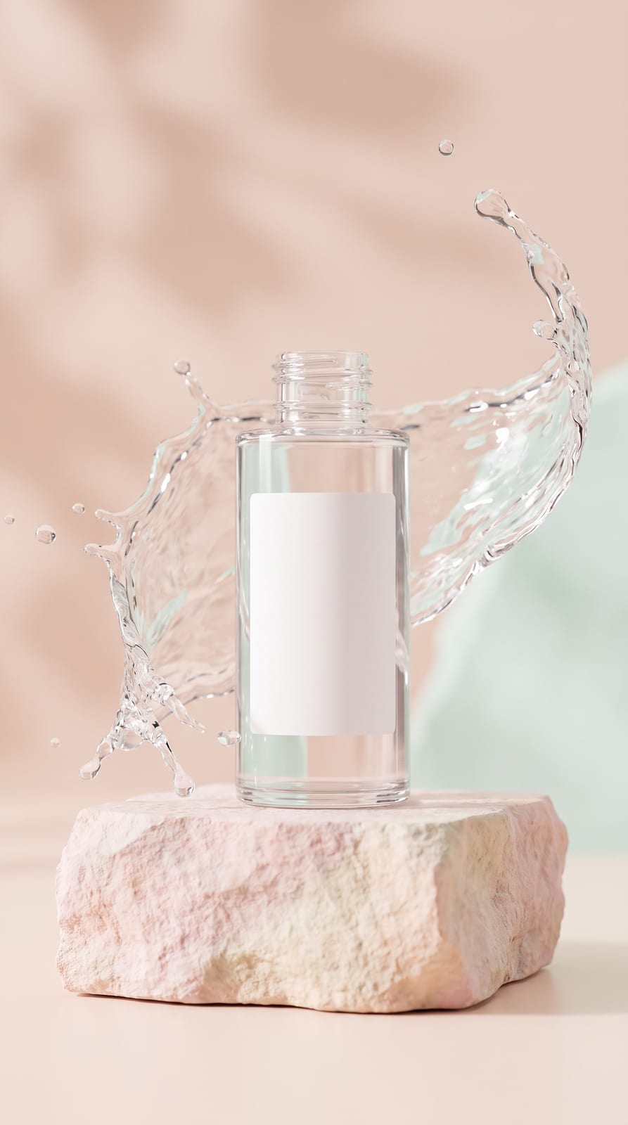 Skincare bottle on a stone podium with a water splash
