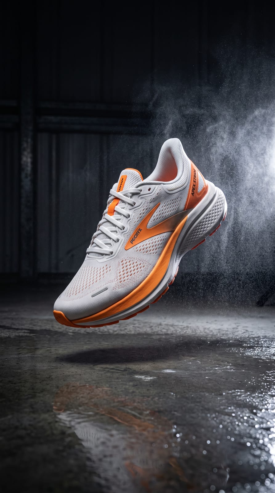 Running shoe floating above wet concrete in a dark studio