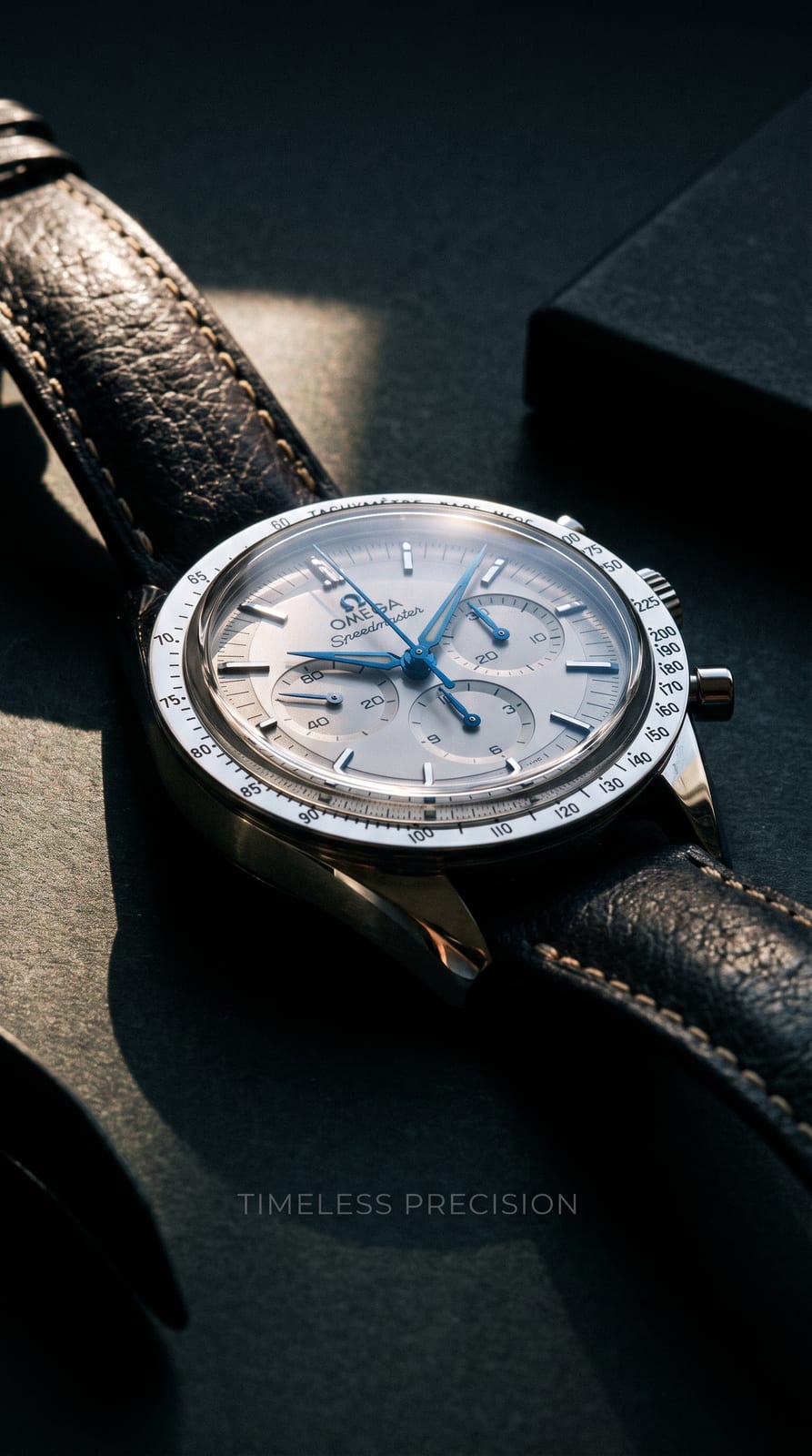 Steel chronograph on dark leather, macro